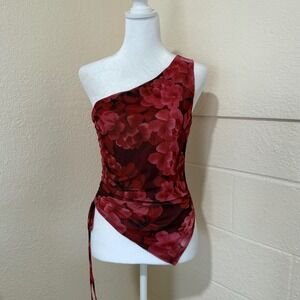 Pretty Garbage Women's Mesh Floral One Shoulder Ruched Side Tie Top Size M